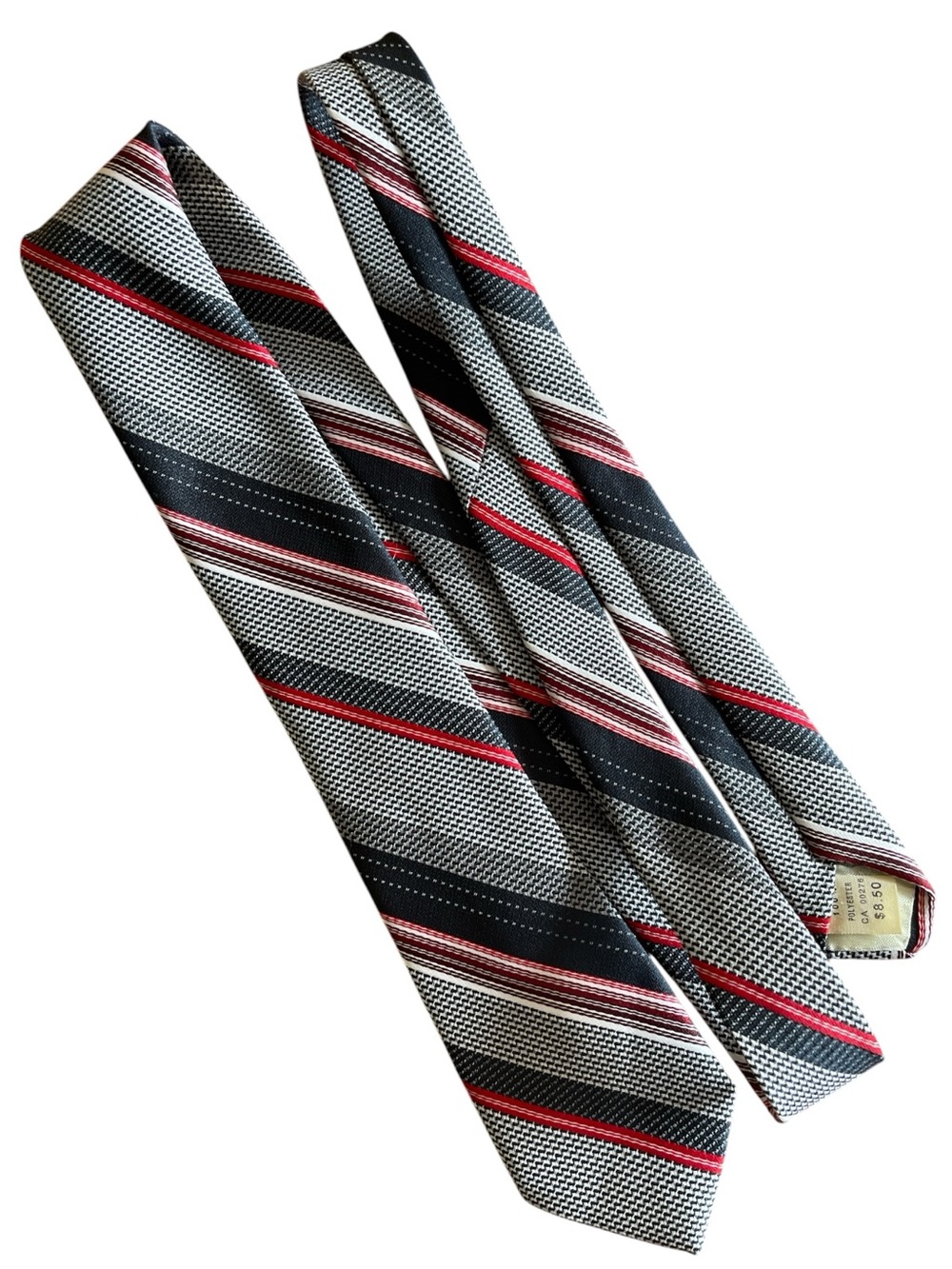 Vintage Louis Feraud Paris Tie Gray Red Striped Designer Polyester Necktie